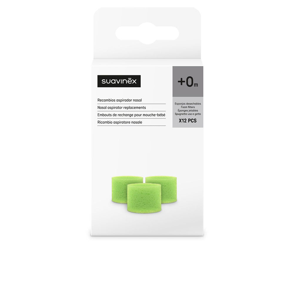 Pack of twelve polyurethane replacement sponges for Suavinex nasal aspirator, single-use disposables