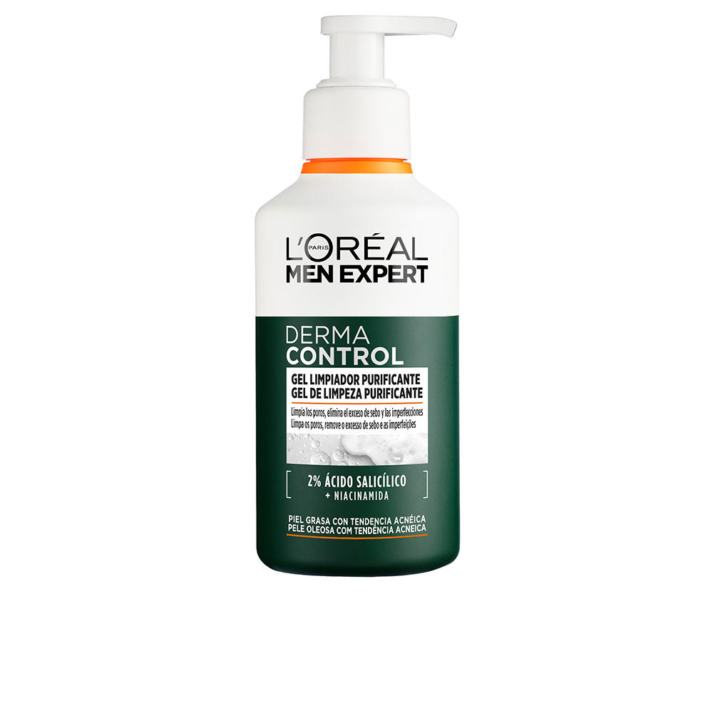 L'Oréal Paris Plastic pump bottle facial cleansing gel in white and dark green with orange accent, two-tone label, Modern Icons