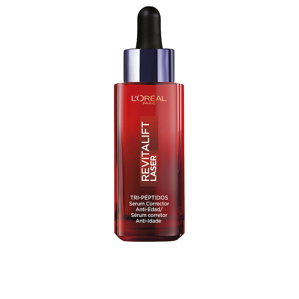 Red rectangular glass serum bottle with dropper cap, transparent gradient glass and printed text, L'Oréal Paris