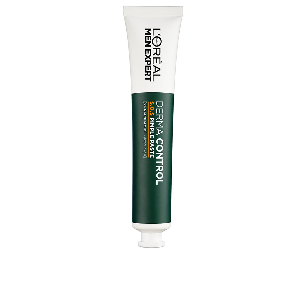 L'Oréal Paris White and dark green plastic pimple paste tube with screw cap, printed text and two-tone design