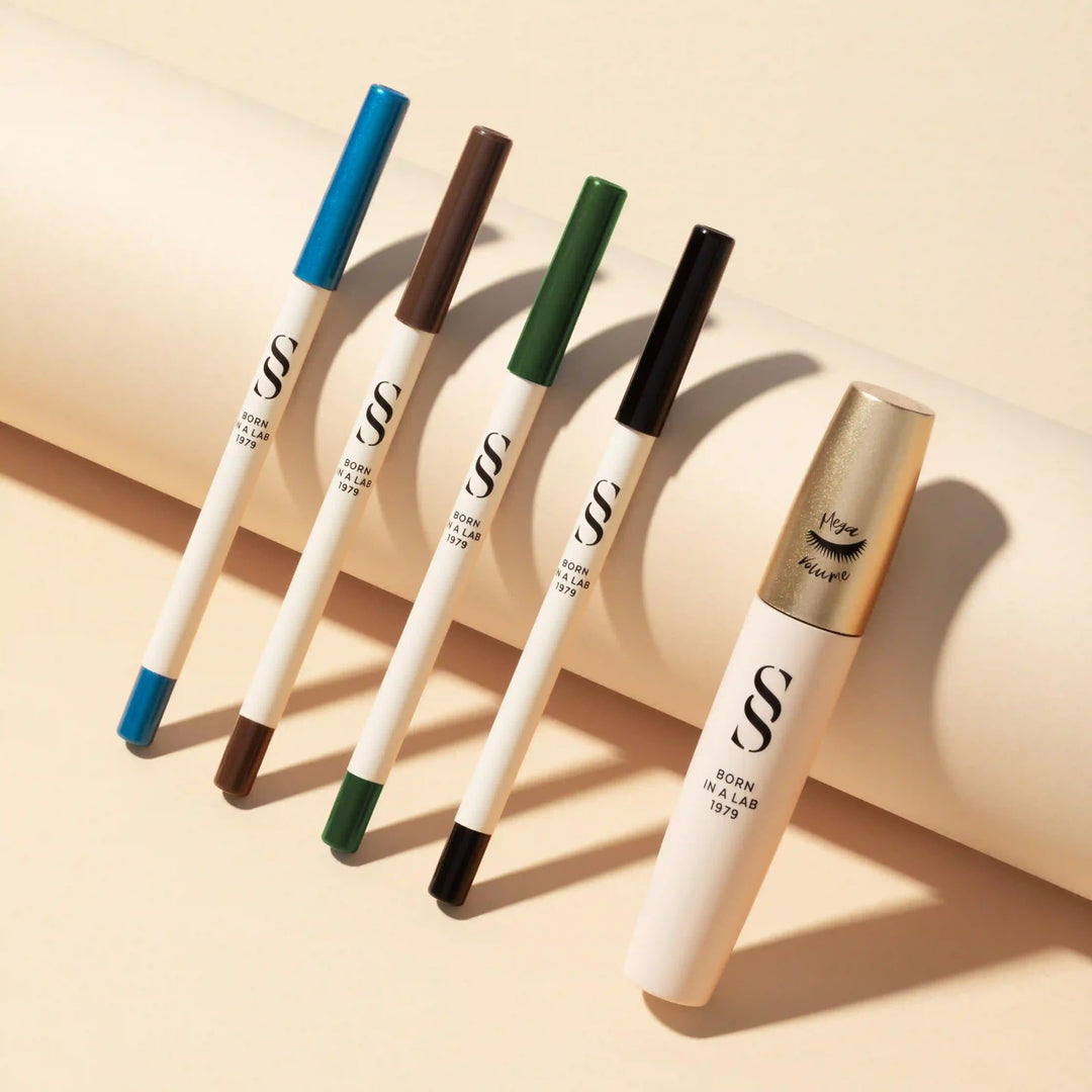 Sensilis beige and blue eyeliner pencil with slim cylindrical body, blue caps, and black printed logo