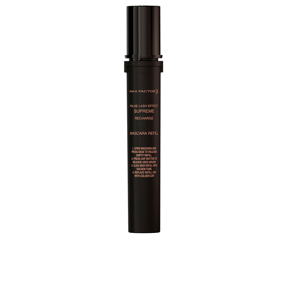 Max Factor Black cylindrical mascara refill with removable cap, matte finish and printed text instructions