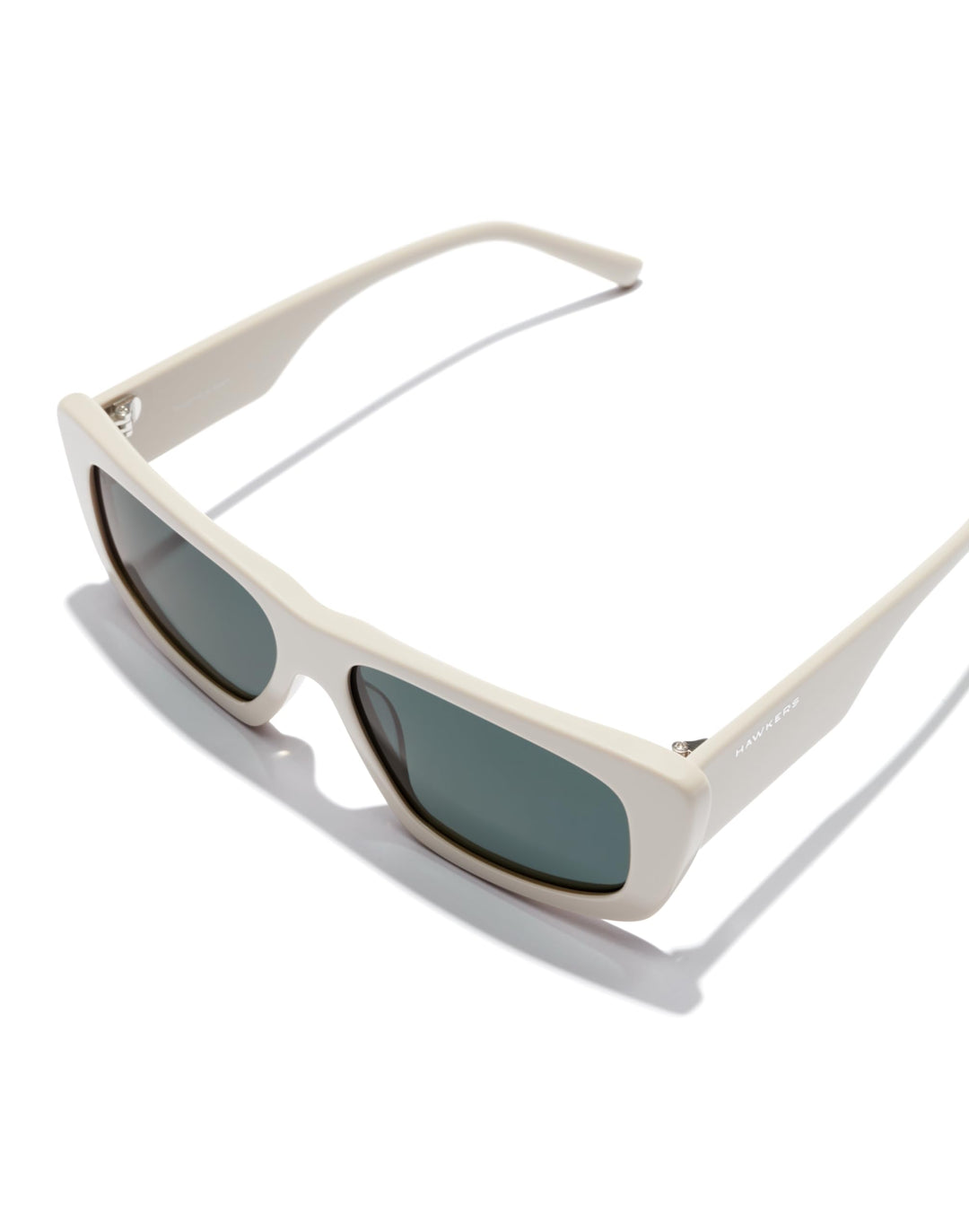 Hawkers White cat-eye sunglasses with thick solid frame, dark rectangular lenses, slim temples, artisan-crafted finish