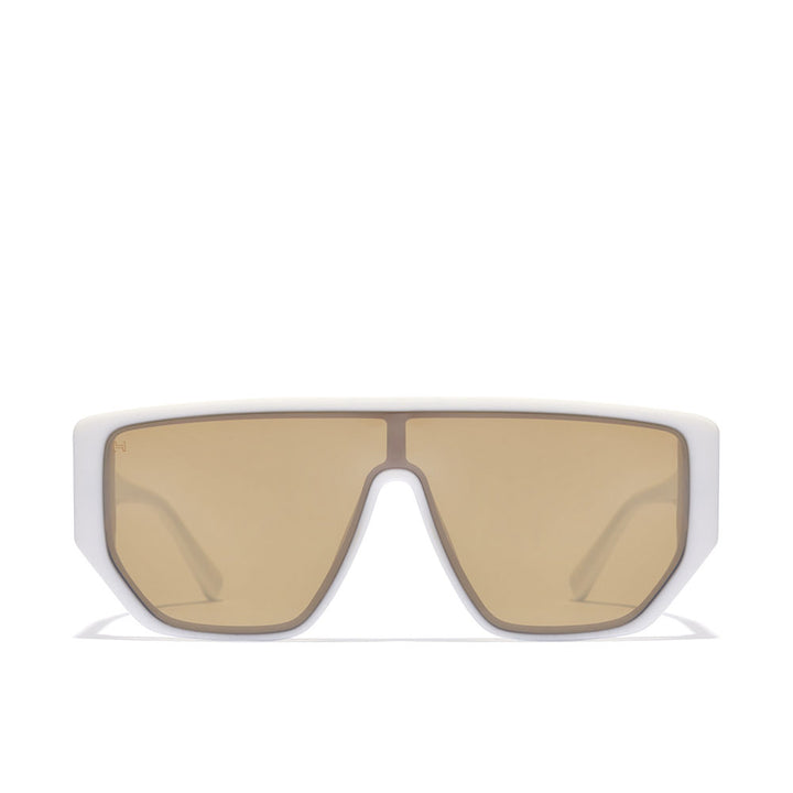 Hawkers futuristic rectangular sunglasses with white frame, single continuous brown lens, angular flat-top cutout bridge