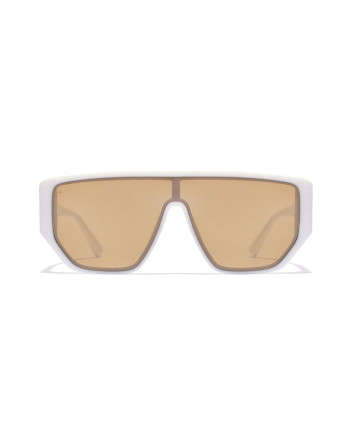 Hawkers futuristic rectangular sunglasses with white frame, single continuous brown lens, angular flat-top cutout bridge