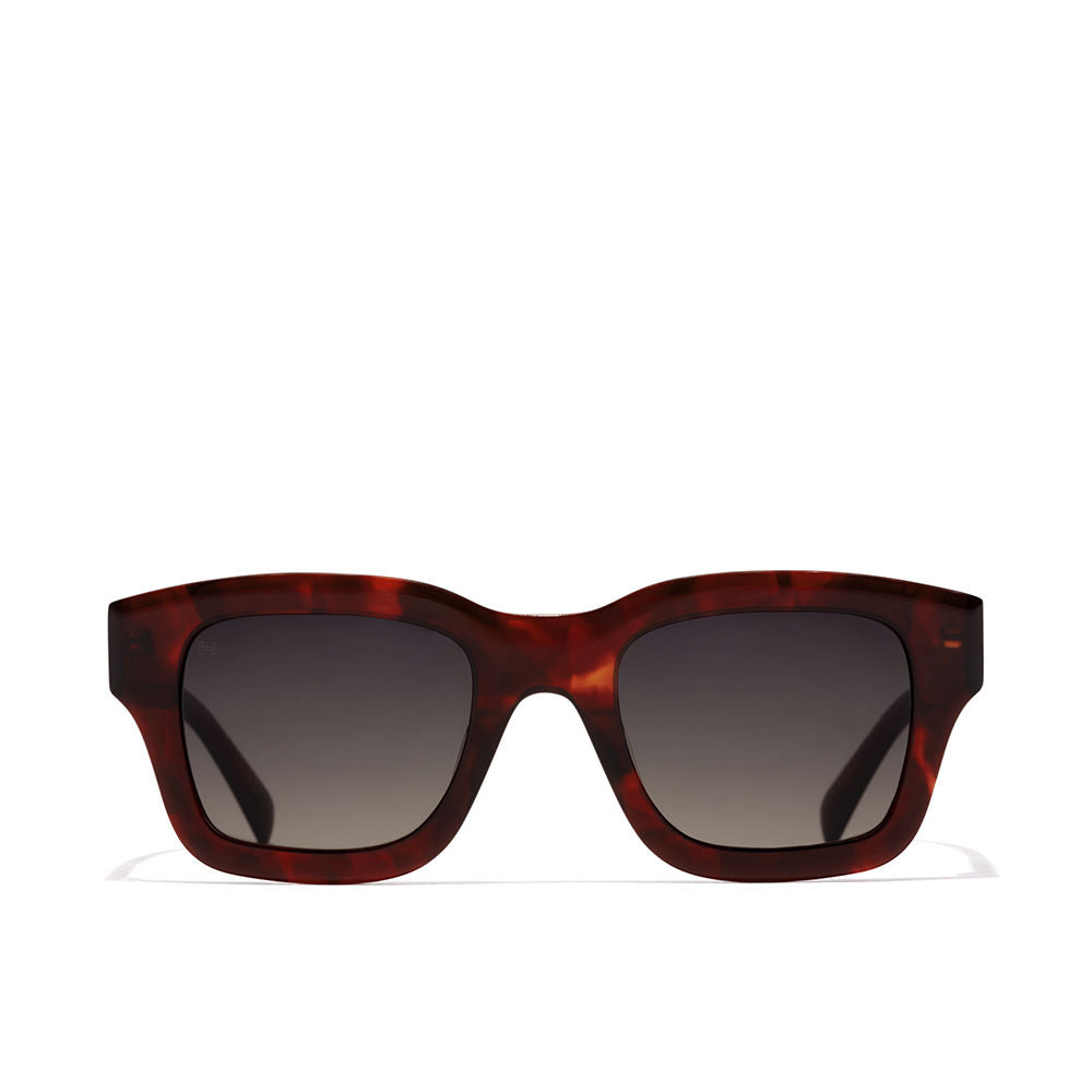 Unisex square sunglasses, metal front, red carey smoky black TR90 temples, polarised lenses