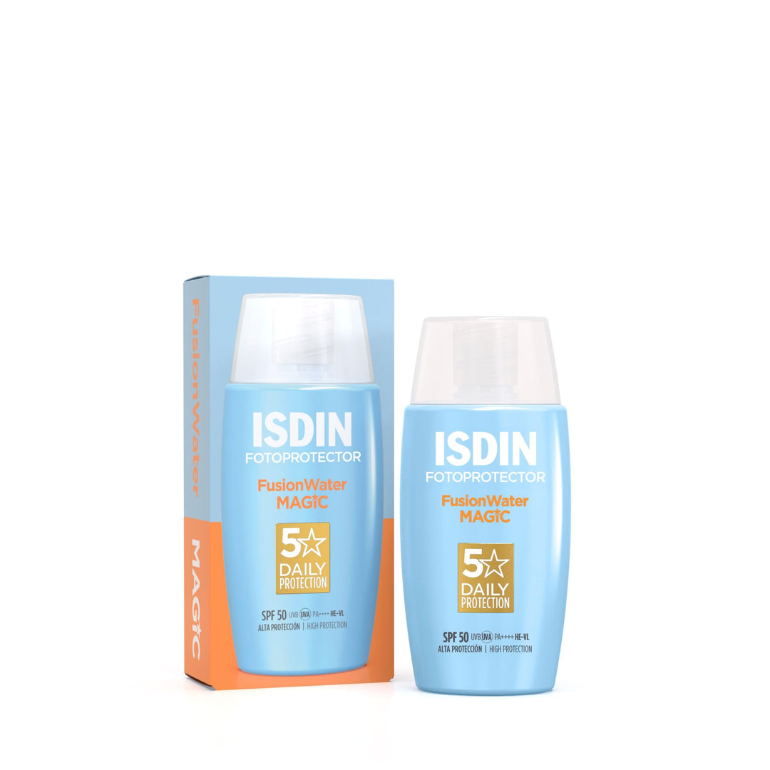 Lightweight bottle of Isdin Fusion Water SPF 50 sunscreen for daily protection