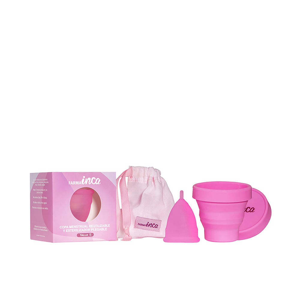 Inca Pink menstrual cup set with sterilizer, cotton storage pouch, and folded user guide