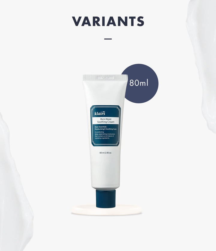 Soft white soothing cream tube with dark blue screw-on cap, rectangular bordered label and printed text, Klairs