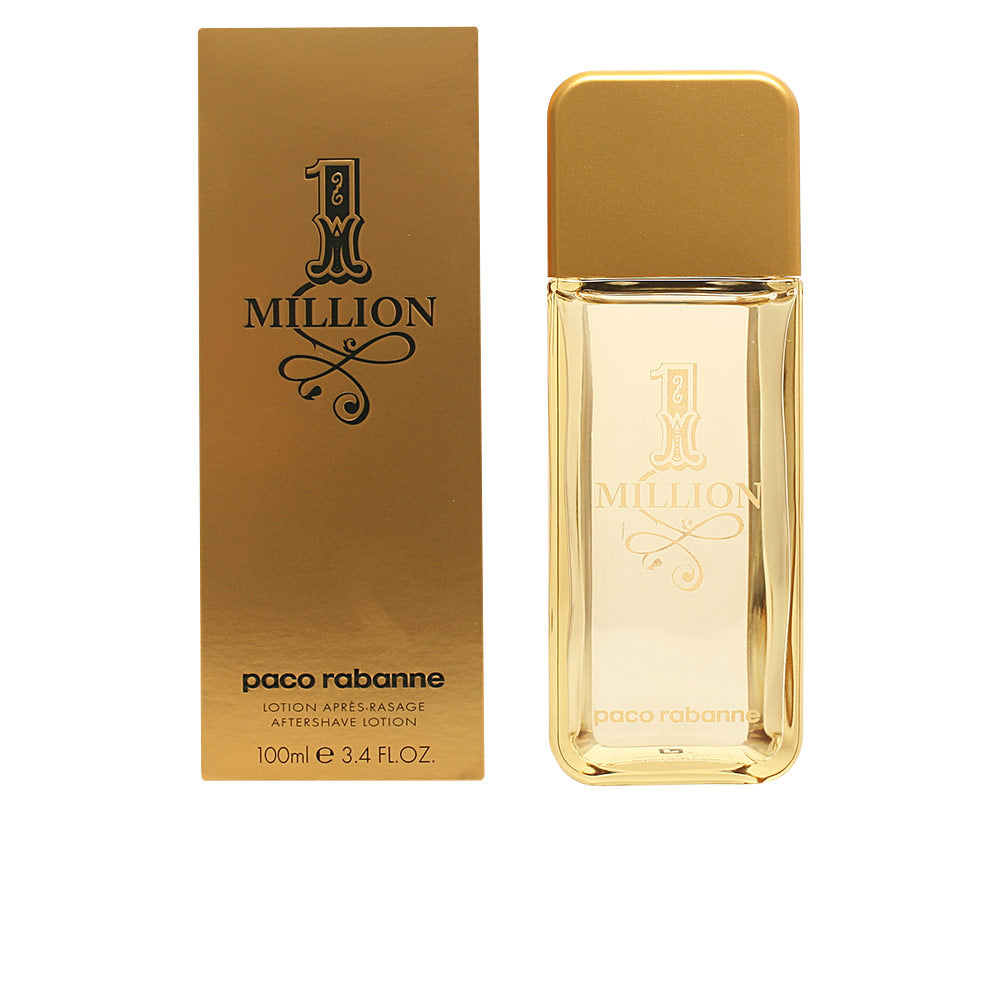 Gold rectangular aftershave bottle and matching box with rounded cap edges, photographed upright — Rabanne