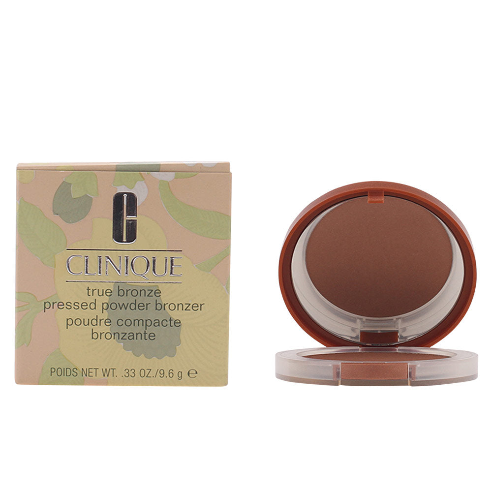 Clinique pressed powder bronzer in brown, beige, and green compact with floral box and mirror