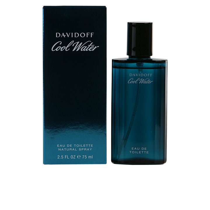 Glass 75 ml eau de toilette bottle, clear blue liquid, marine-inspired packaging