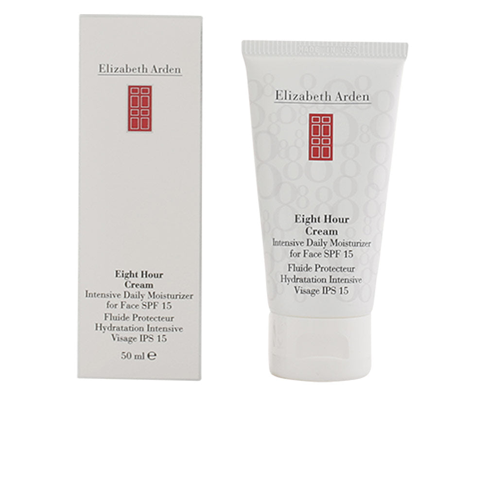 Elizabeth Arden White cream moisturizer tube and box with red window logo, minimalist plastic tube and cardboard box
