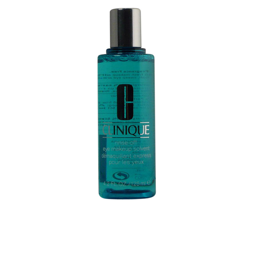 Bottle of Clinique Rinse‑Off eye makeup remover next to a cotton pad