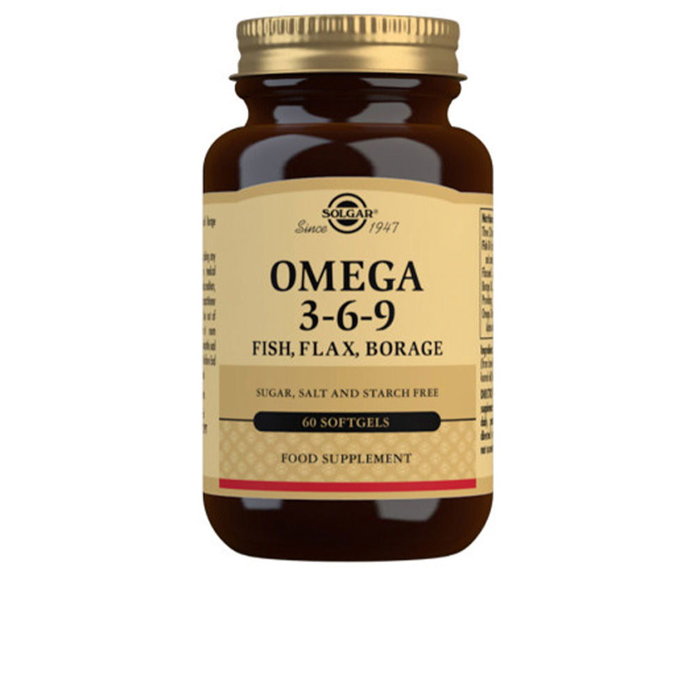 Solgar Brown glass supplement bottle with gold metal screw cap, beige label and visible softgel capsules inside