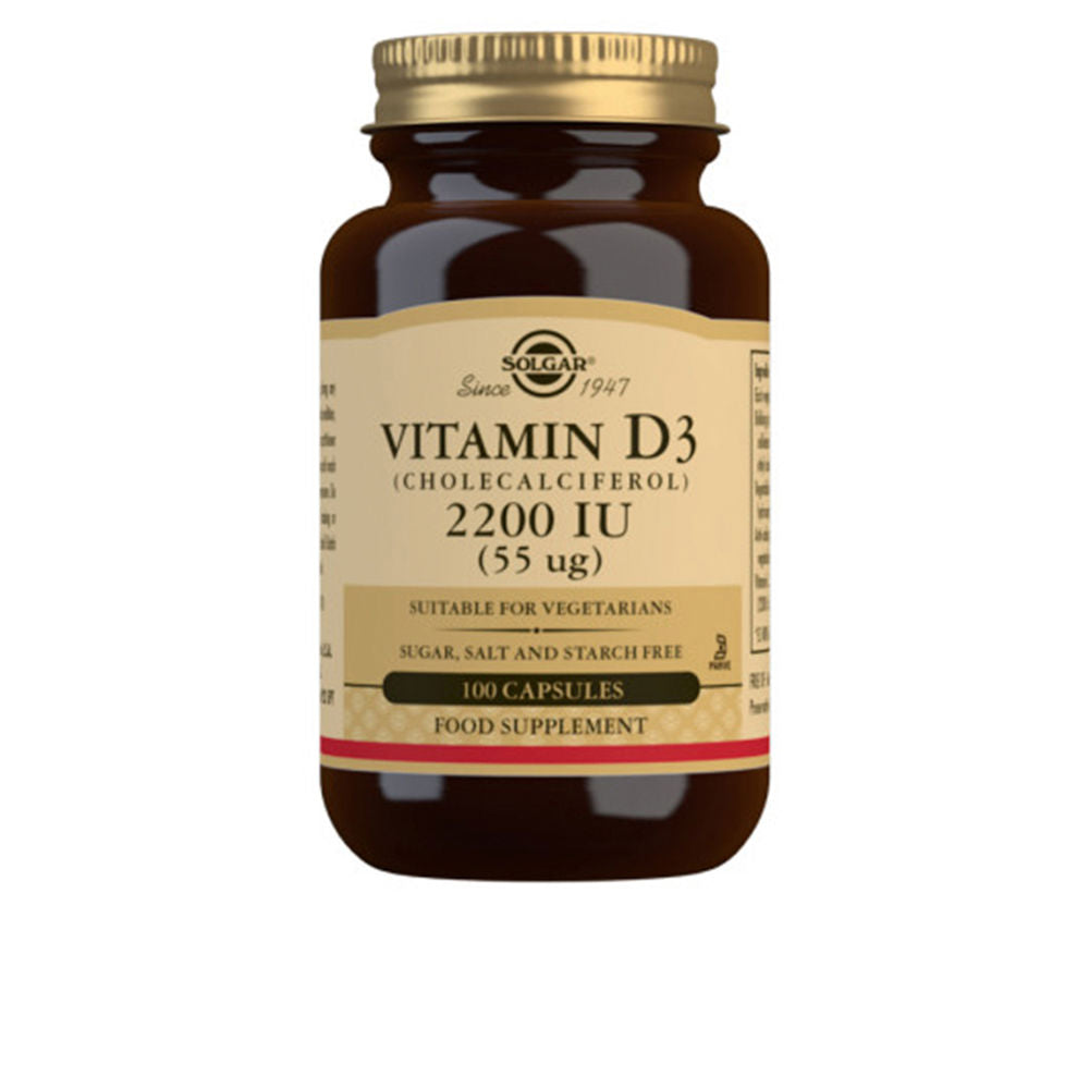 Bottle of Solgar Vitamin D3 2200 IU vegetarian capsules on white background