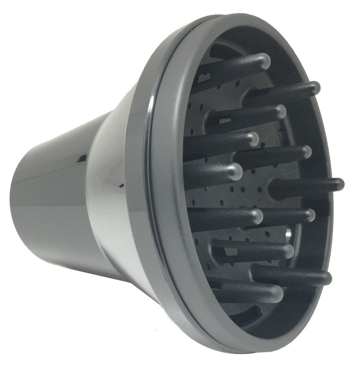 Matte black universal hair dryer diffuser with sculpted prongs and full‑grip collar
