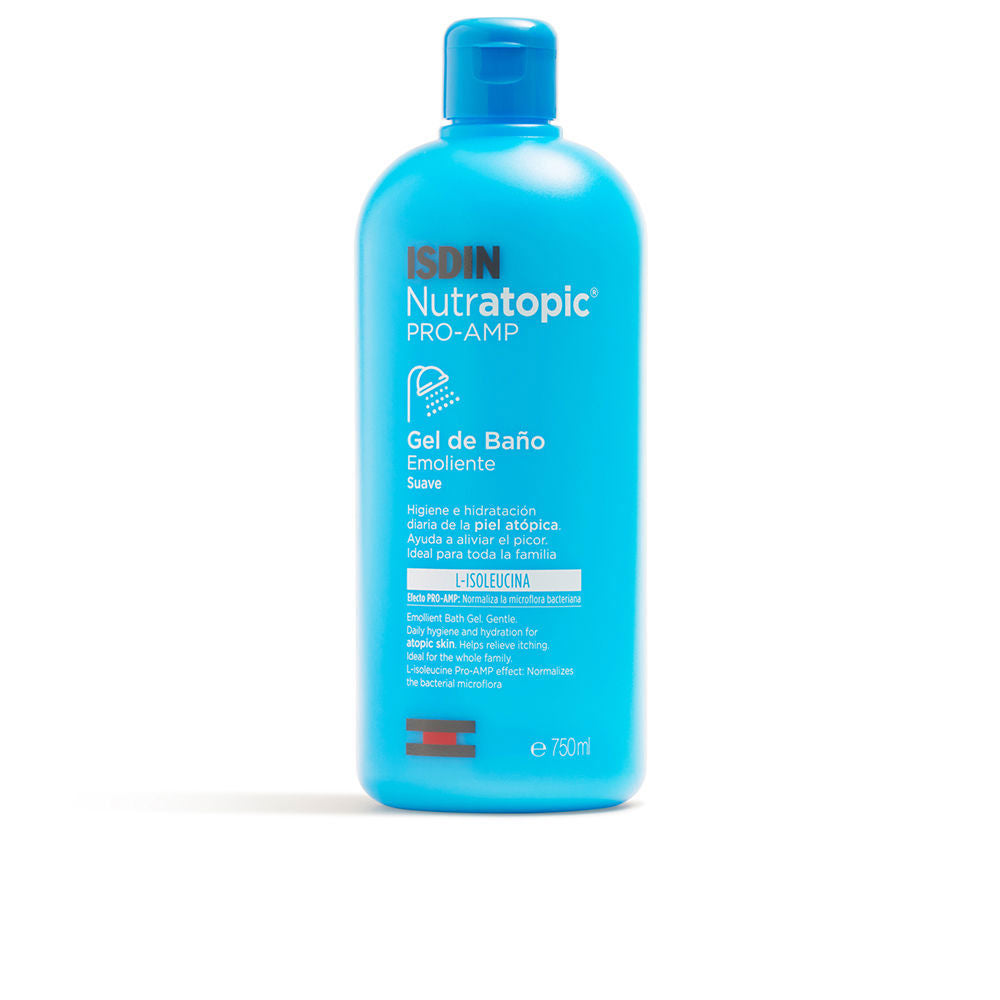 Blue rectangular plastic bath gel bottle with flip-top cap, matte finish, printed text and Isdin logo.