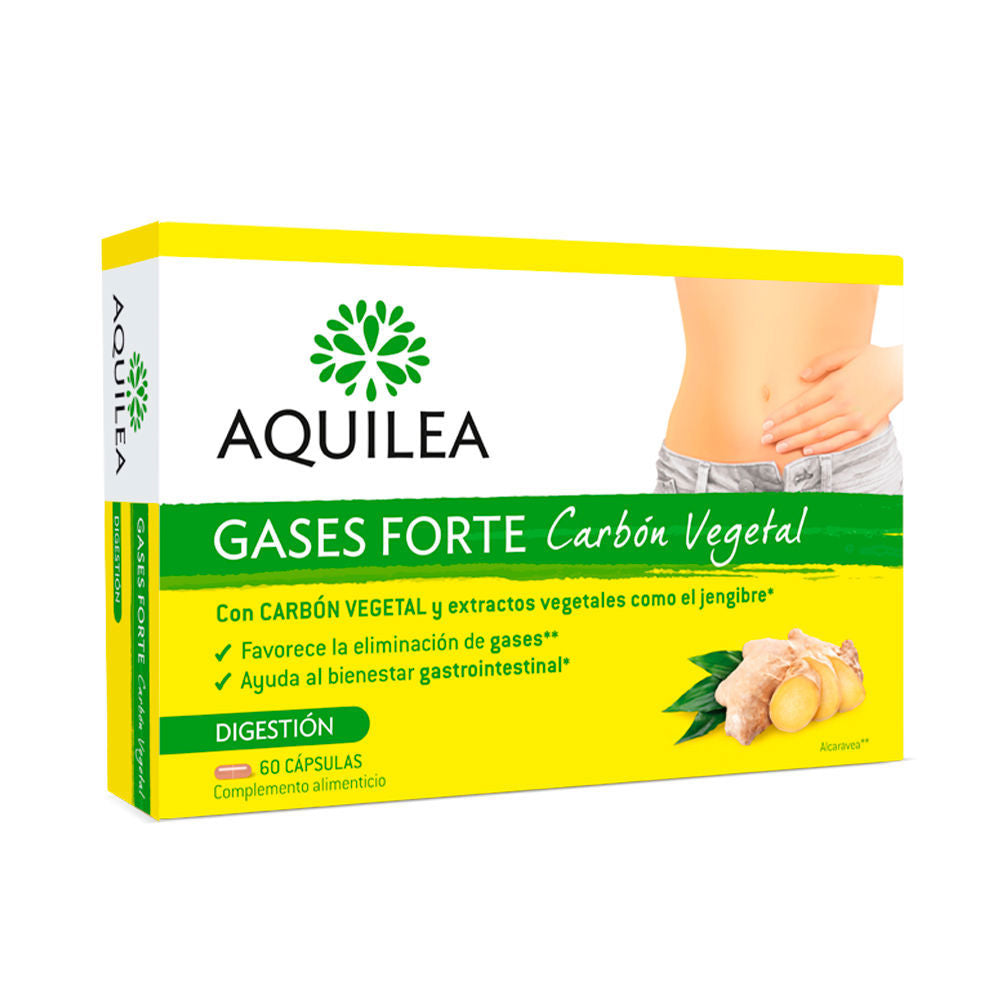Bottle of Aquilea gas and bloating relief tablets, herbal and charcoal formula