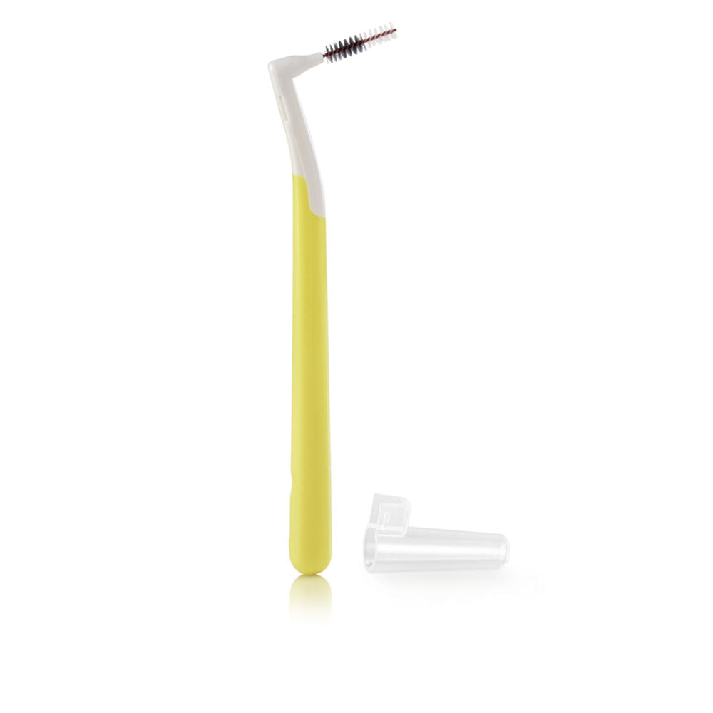 Interprox mini interdental brush in yellow, white, black and red with angled plastic handle and clear cap