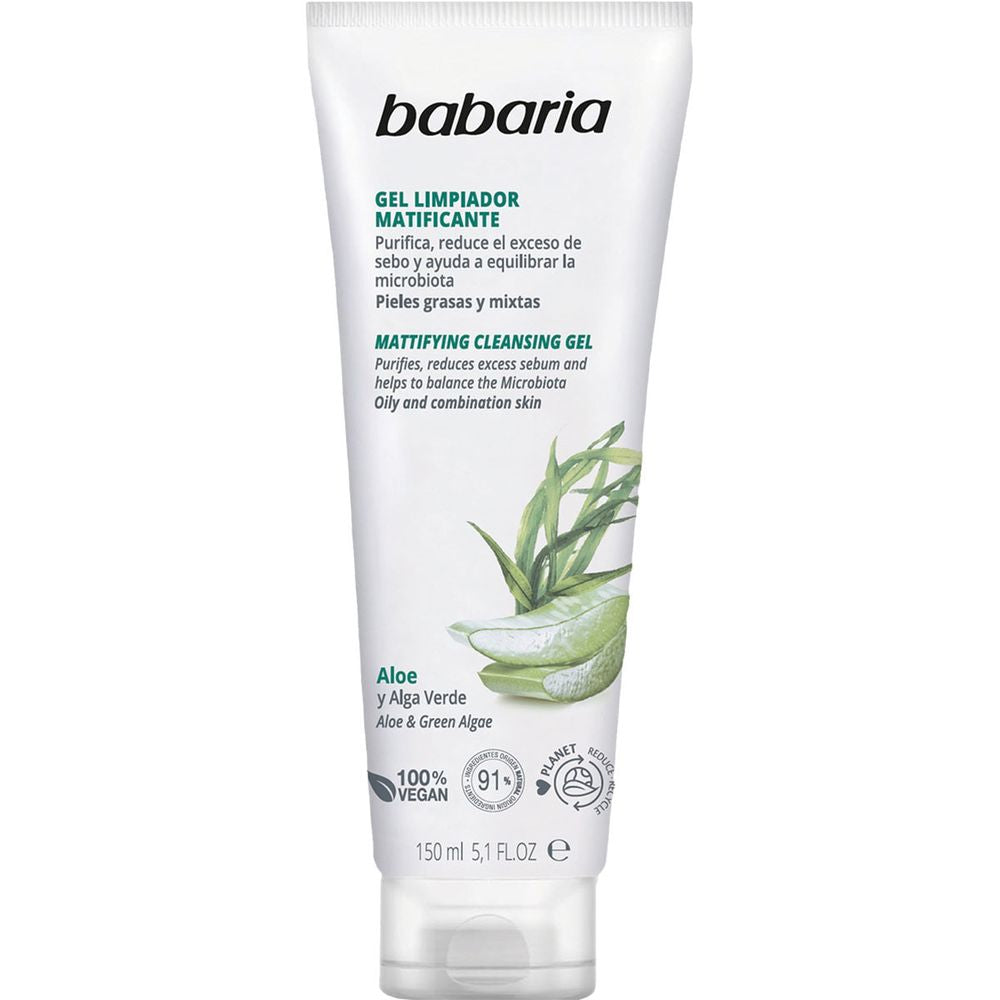 Tube of Babaria mattifying facial cleansing gel with aloe vera and green algae