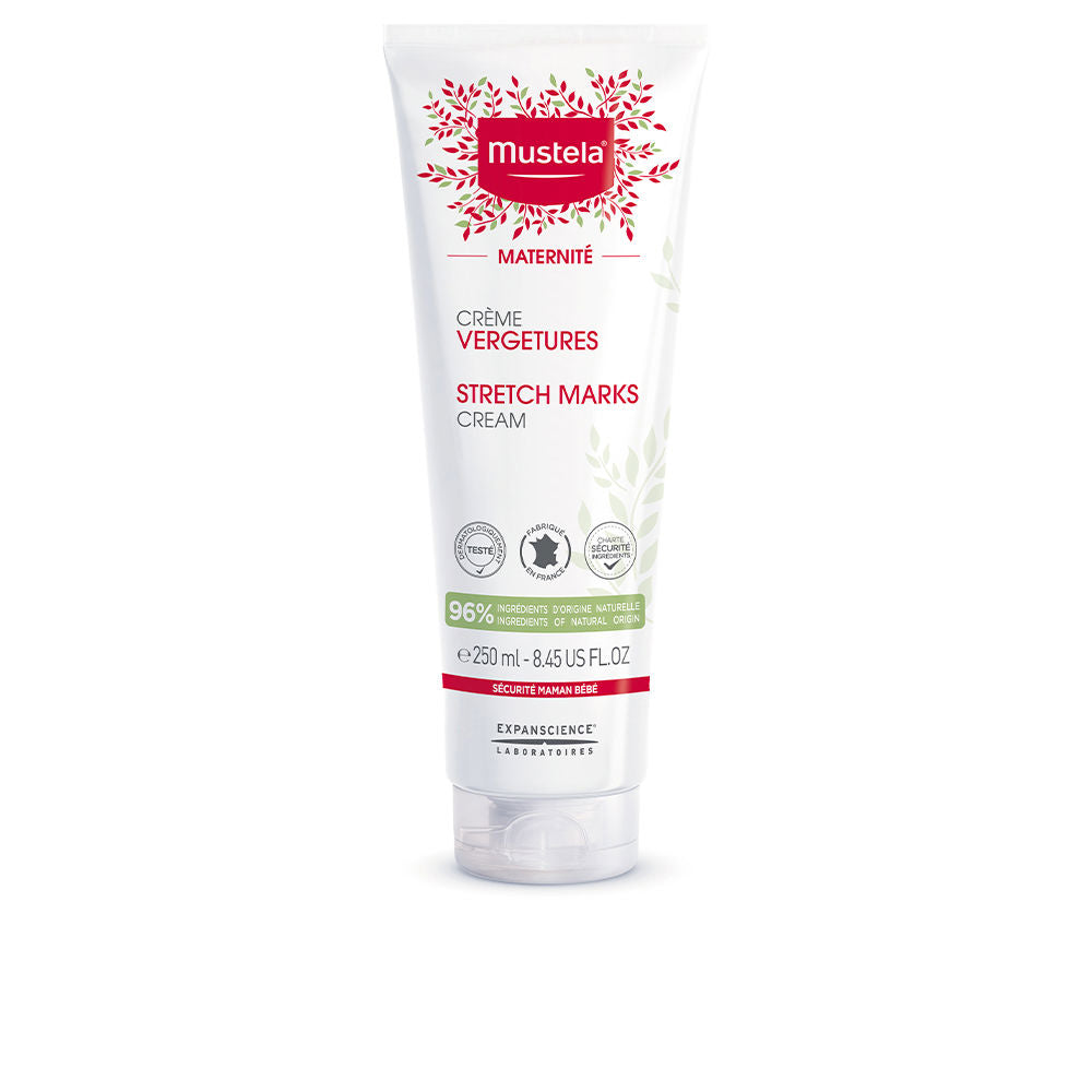 Mustela plastic tube of stretch mark cream, white with red and green accents, flip-top cap, minimalist leaf pattern.