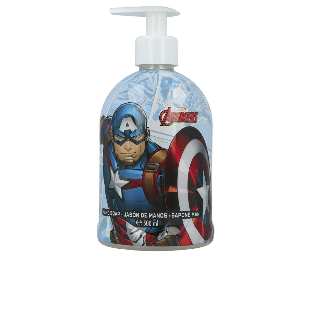 Cartoon Plastic pump hand soap bottle with Captain America graphic, blue red white palette and Marvel logo