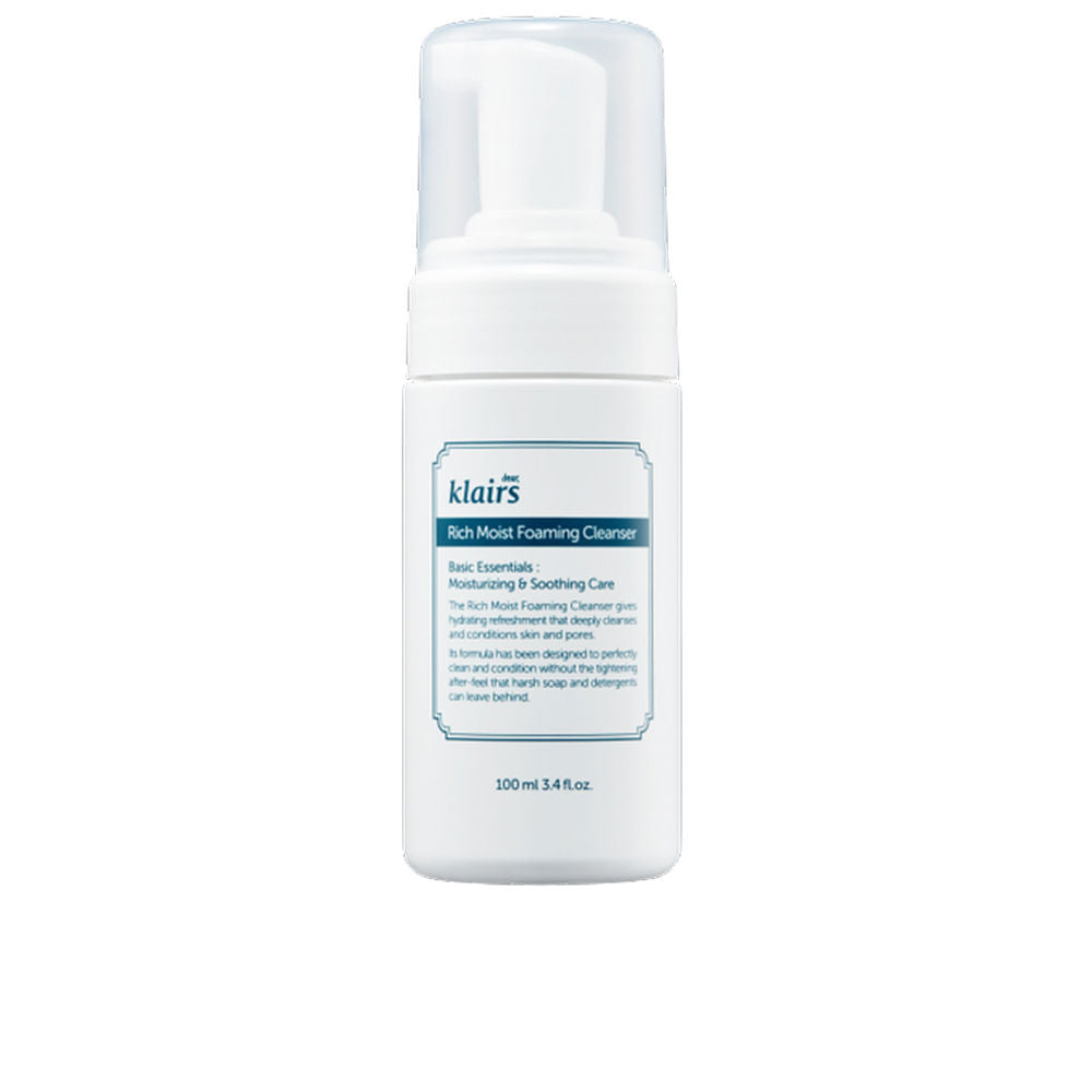 Klairs White plastic cylindrical foaming cleanser with pump dispenser, label text and transparent cap