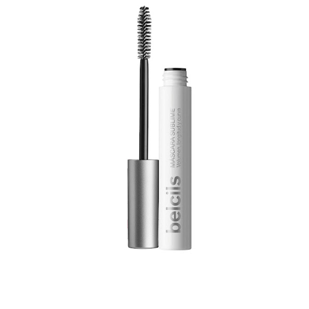 Tube of Belcils black mascara with wand showing coated lashes