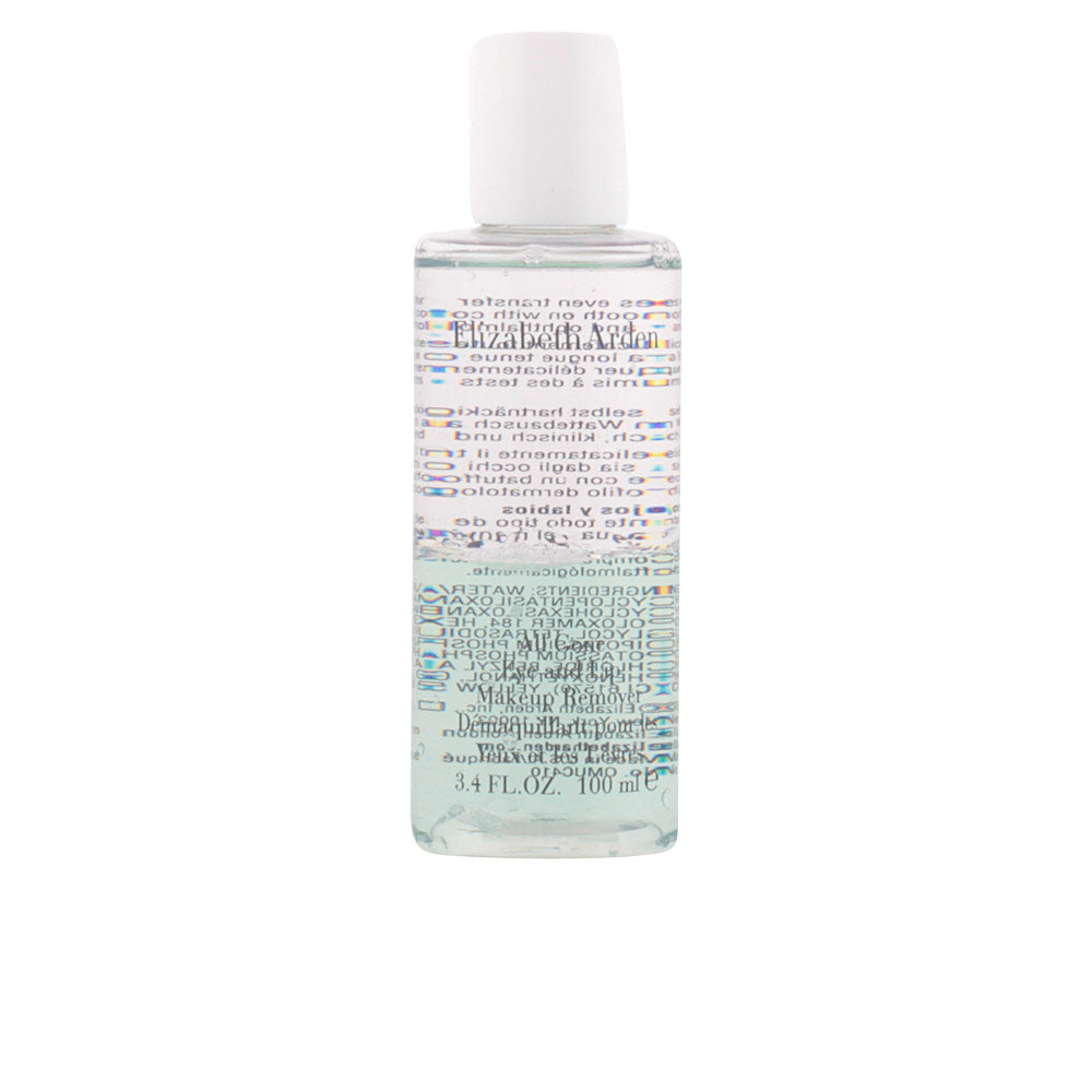 Clear plastic bottle with white screw cap, visible liquid and printed text — Elizabeth Arden