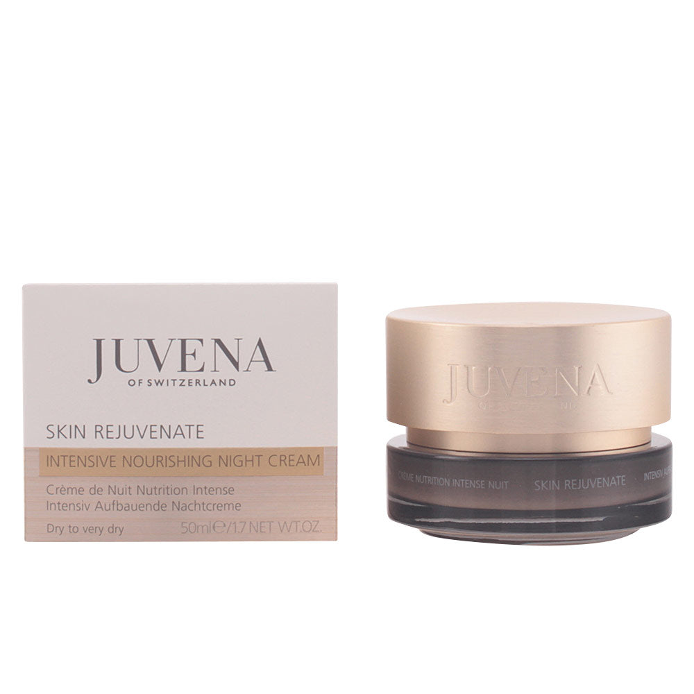 Jar of Juvena SKIN REJUVENATE Intensive Nourishing Night Cream on neutral background