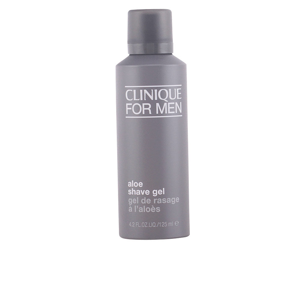 Clinique Gray cylindrical plastic shaving gel bottle with screw cap, matte finish and printed text