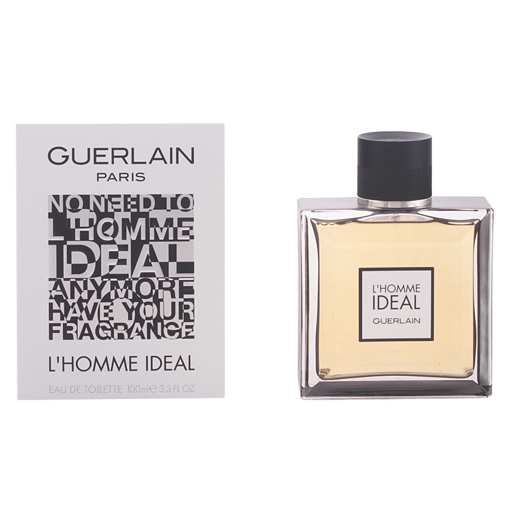 Guerlain Transparent square glass eau de toilette with black cap, printed label, textured beige box