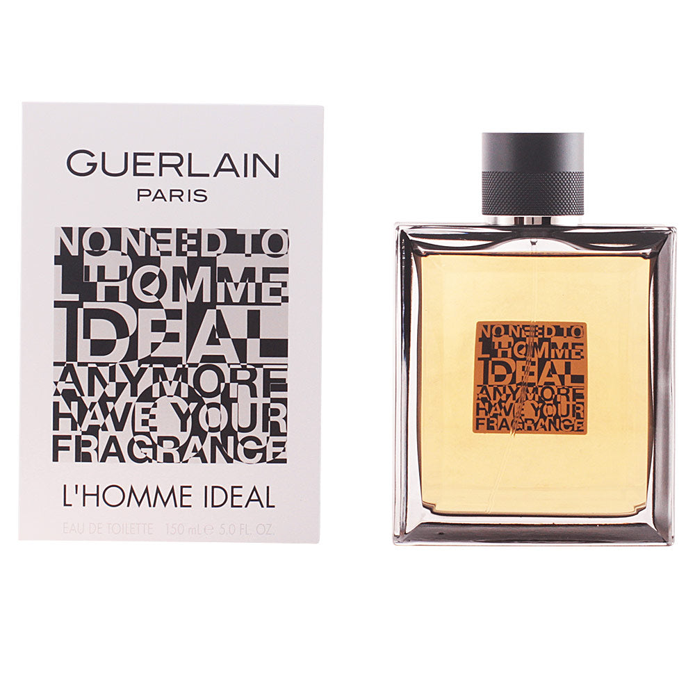 Guerlain Transparent square glass eau de toilette with black cap, printed label, textured beige box