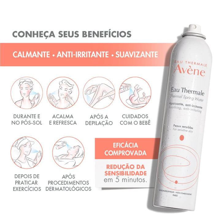 Avène White cylindrical plastic spray bottle with printed logo and text, minimalist thermal spring water design