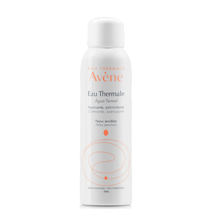 Avène White cylindrical plastic spray bottle with printed logo and text, minimalist thermal spring water design