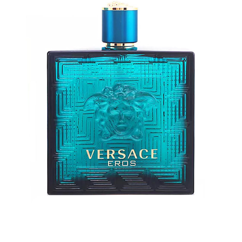 Rectilinear blue glass perfume bottle with Greek key motif, 200 ml