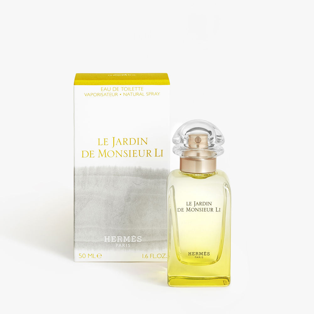 Hermès Le Jardin de Monsieur Li bottle with soft yellow gradient and elegant illustration