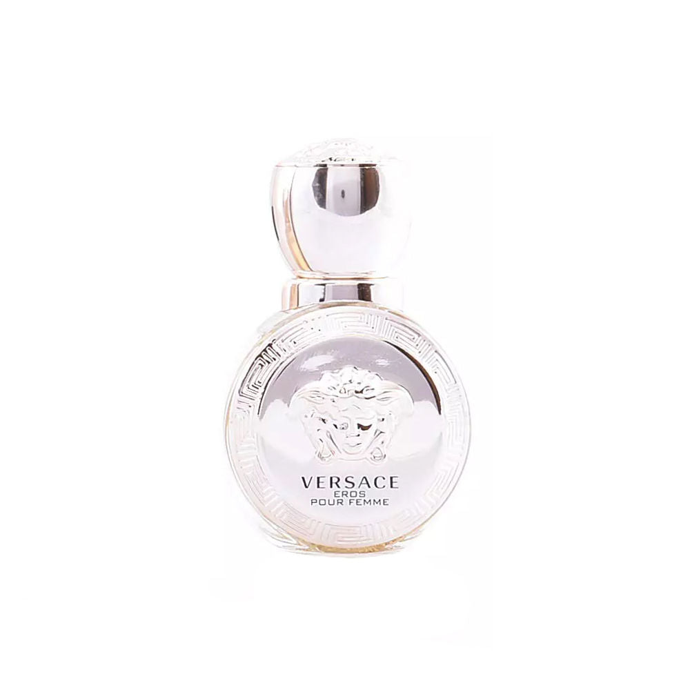 Round golden perfume bottle with Medusa motif, 30 ml, floral‑woody EDP