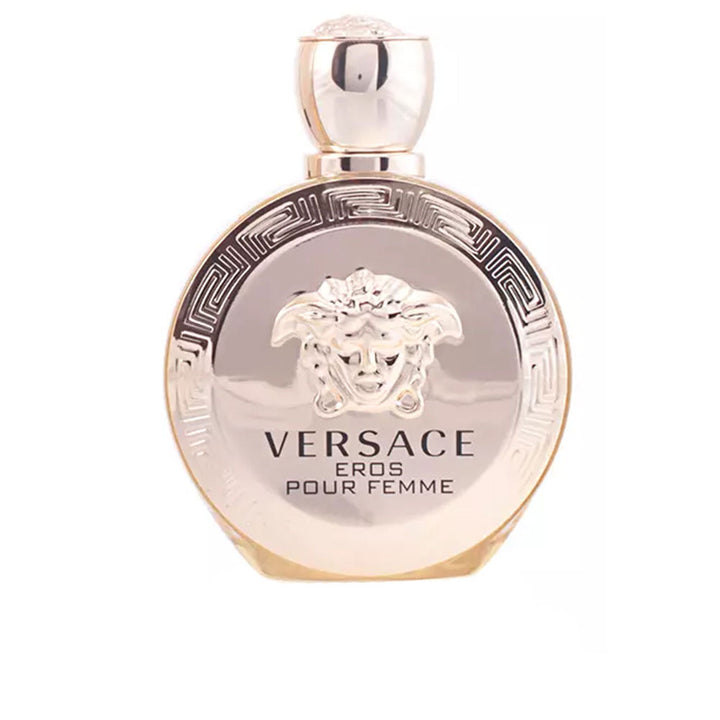 Round golden perfume bottle with Medusa embossing, 100 ml, Floral‑Woody scent