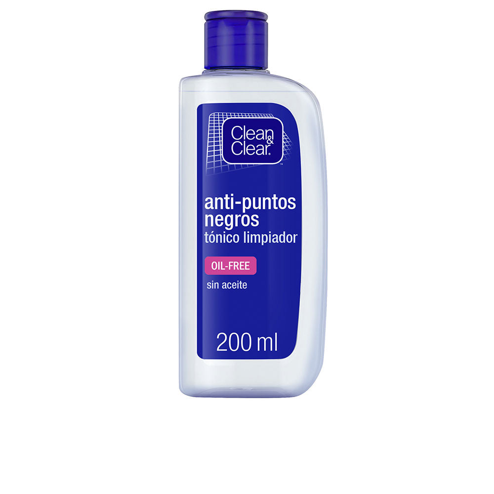 Blue, white, and pink plastic tonic cleanser bottle with flip-top cap and rectangular label, Clean & Clear.