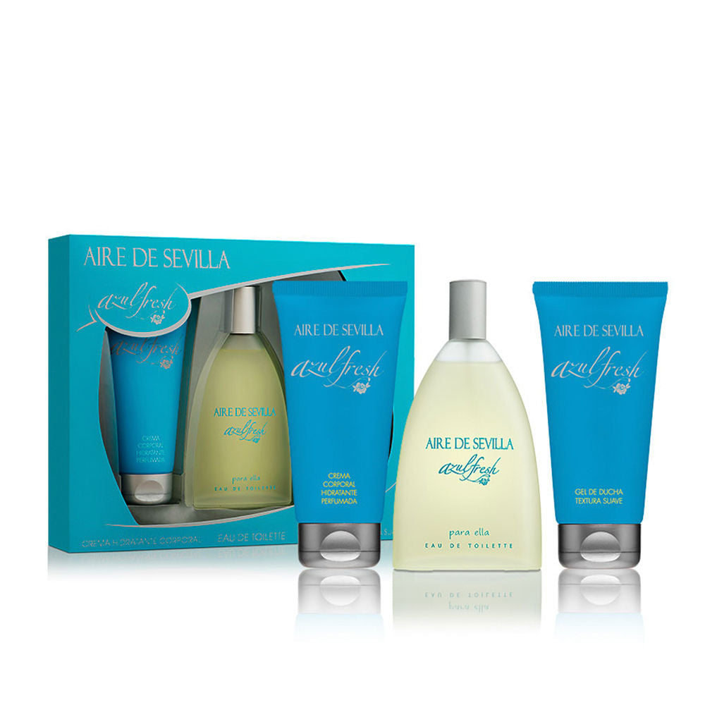 Aire Sevilla Three-piece fragrance gift set with blue tubes, silver caps, frosted glass bottle of light yellow liquid