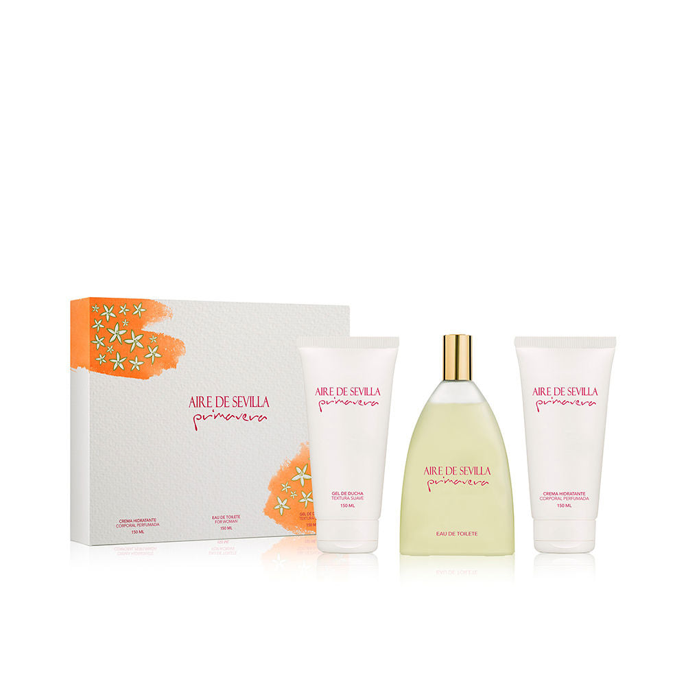 Aire Sevilla Three-piece Primavera set with 150ml fragrance, lotion, exfoliating gel in coordinated packaging