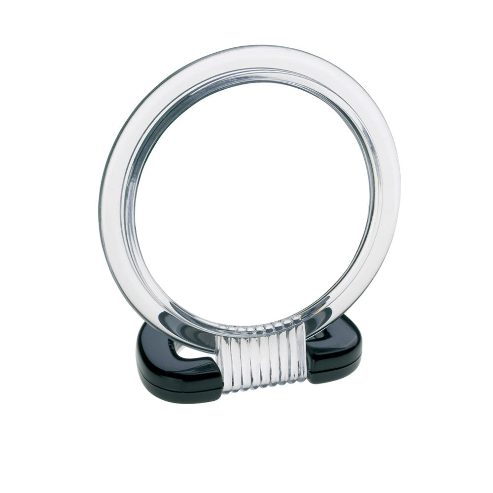 Clear and black plastic double-sided folding mirror with circular face and ribbed grip, Beter