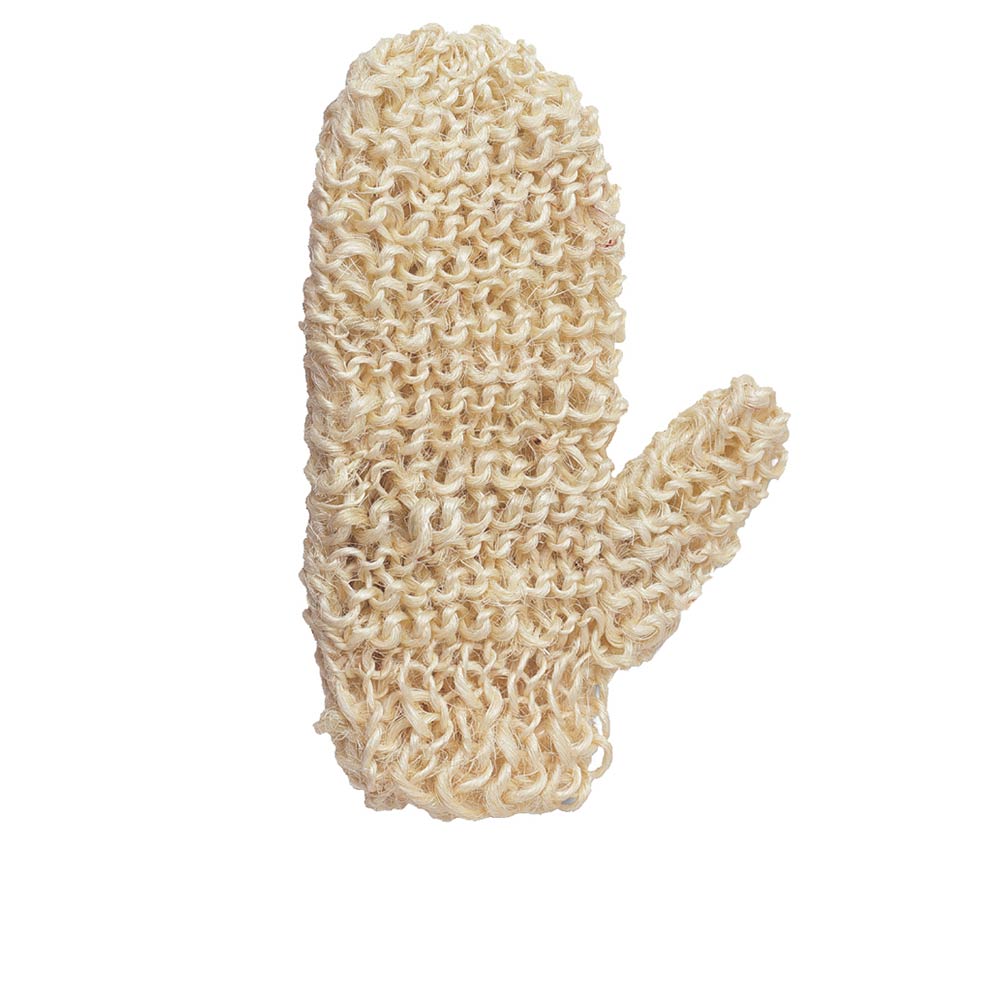 Beige hand-knitted natural fiber exfoliating glove with thumb, textured knit visible, crafted by Beter