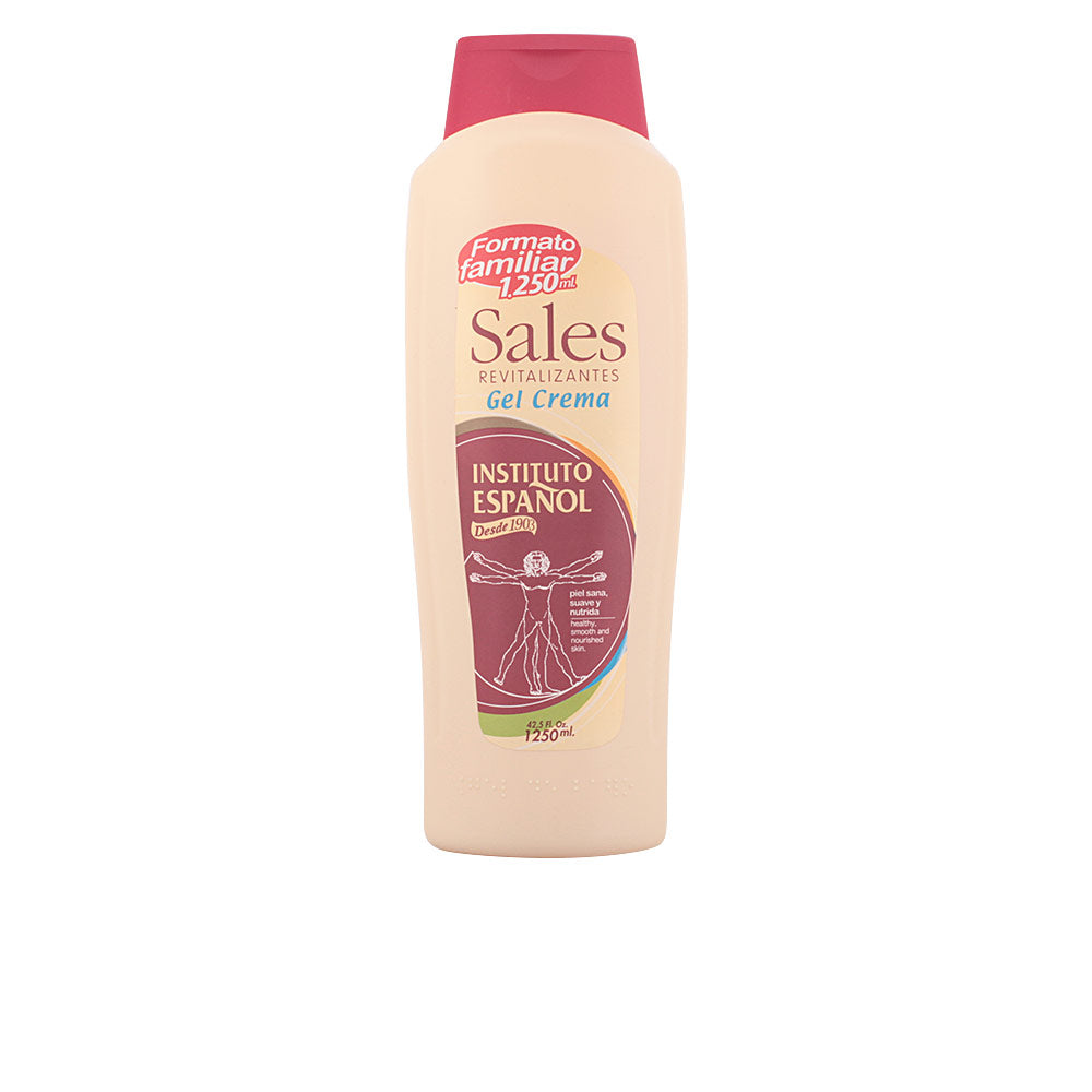 Beige and maroon plastic gel-cream bottle with flip-top cap, labeled graphic and text, Instituto Español