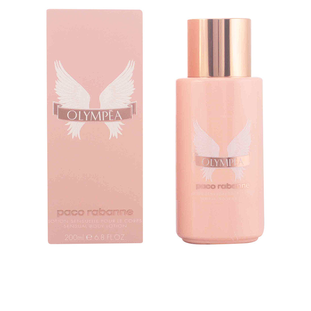 Light pink rectangular body lotion bottle with metallic rose gold cap and wing graphic, matching box — Rabanne