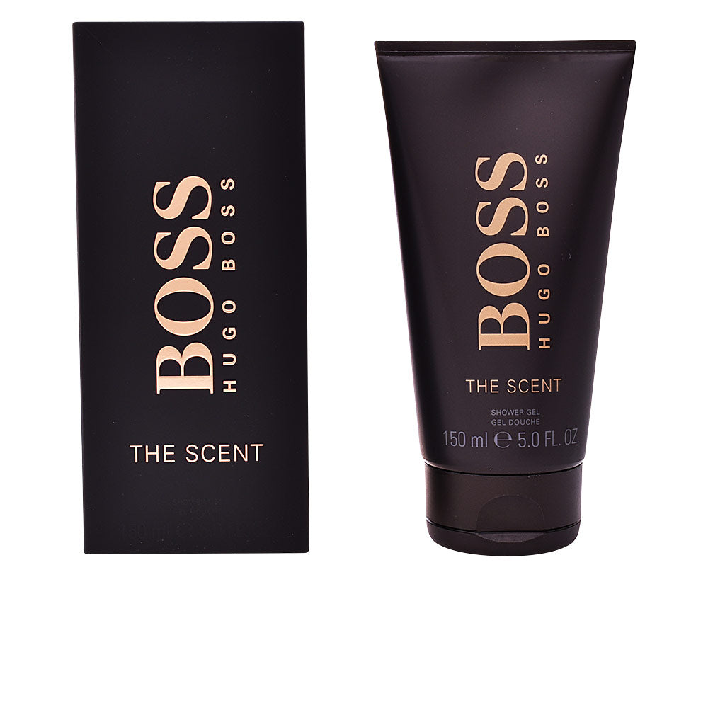 Hugo Boss-Boss Black plastic tube shower gel with gold text, flip-top cap, brand logo and volume marking