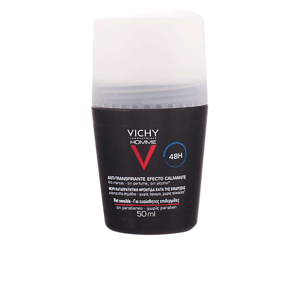 Vichy Homme sensitive roll‑on deodorant in white and gray packaging, roll‑on applicator visible
