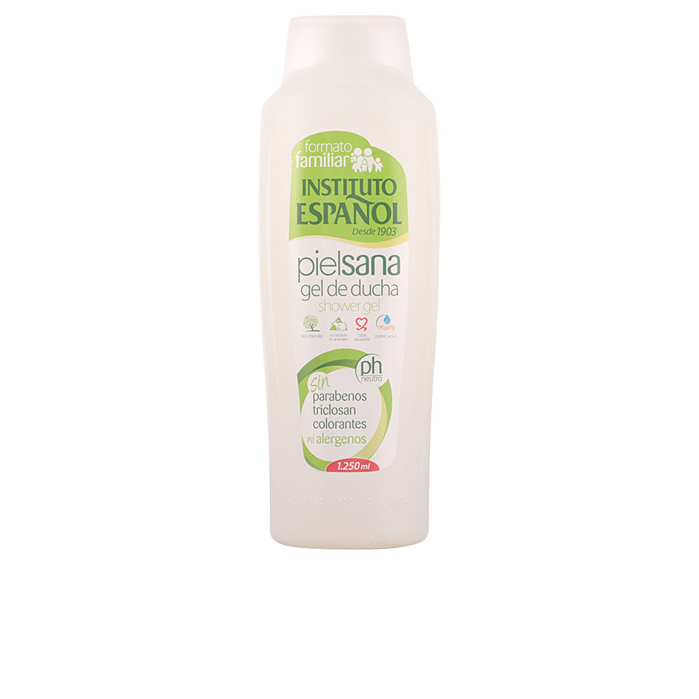 Instituto Español Tall translucent shower gel bottle with pale liquid and minimalist label on white surface